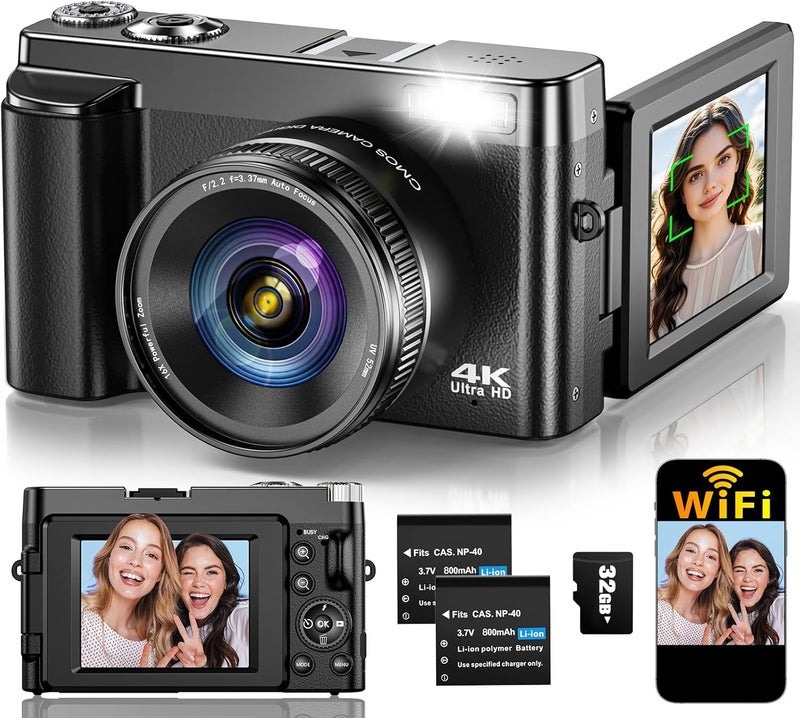 TEFTYMON 4K Digital Camera for Photography Autofocus, Upgraded 64MP WiFi Vlogging Camera for YouTube with 3" 180° Flip Screen, 16X Zoom, Compact Travel Cameras for Beginners with 32GB Card, 2 Batteries, Black - Image 1